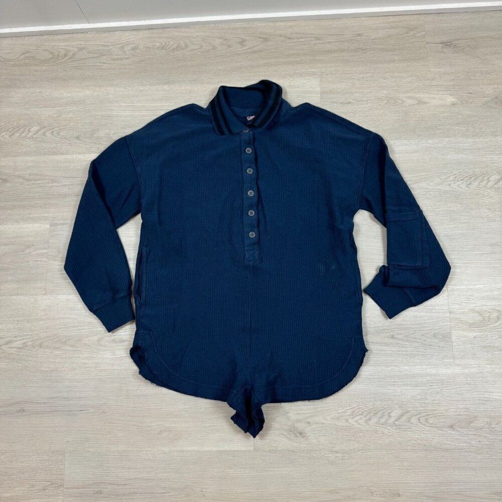 Free People Movement Leyla Button Down Romper Size Medium Navy Long Sleeve